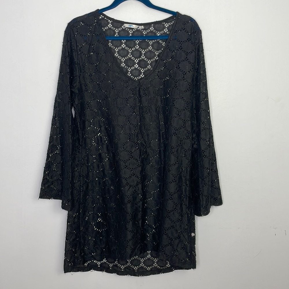 La Vie en Rose Aqua Black Eyelet Lace Dress or Coverup